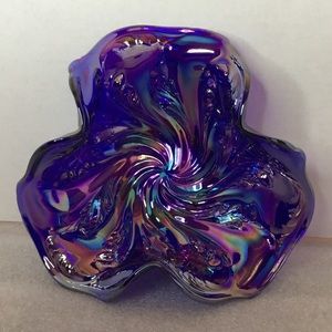 Fenton Blue Tri-Cornered Swirl Bowl. Iridized